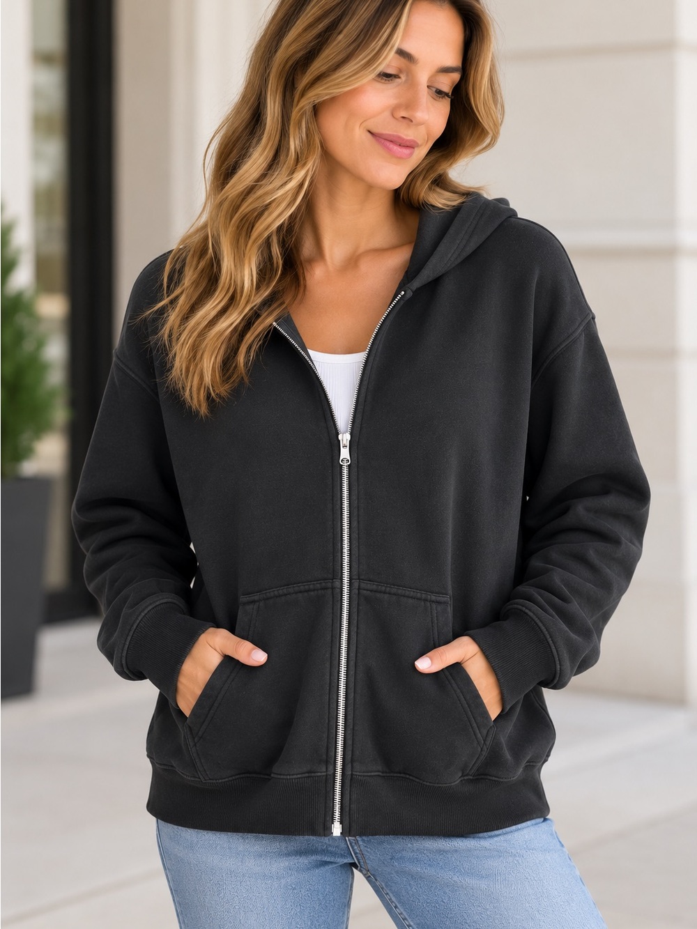 Hollister Women’s M Black Boxy Fit Full Zip Hoodie Oversized Sweatshirt